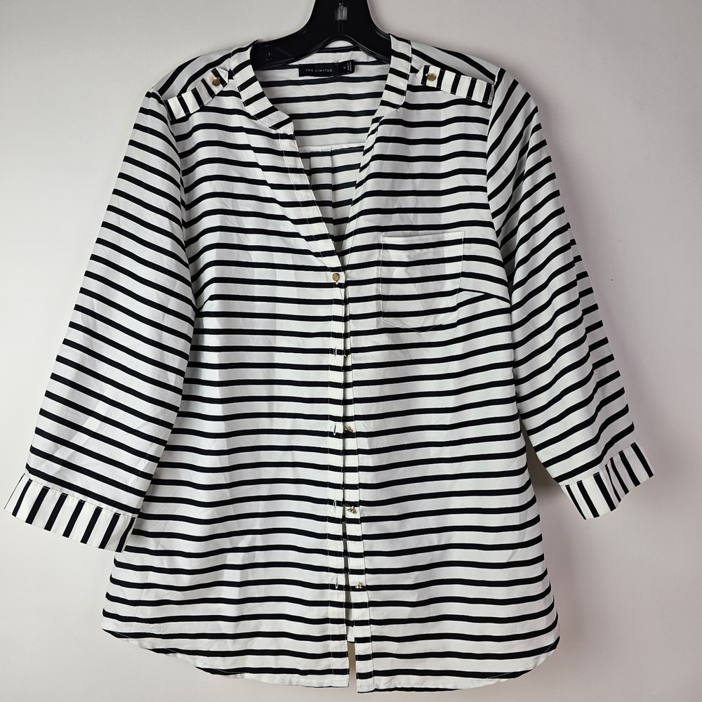 The Limited Womens Medium Button Shirt White Black Stripe Button‎ Nautical Top